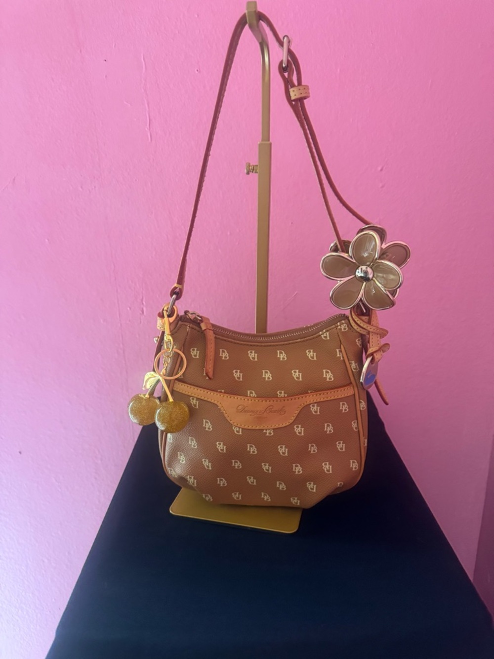 Dooney & Bourke Brown Logo Crossbody Bag with Flower Charm